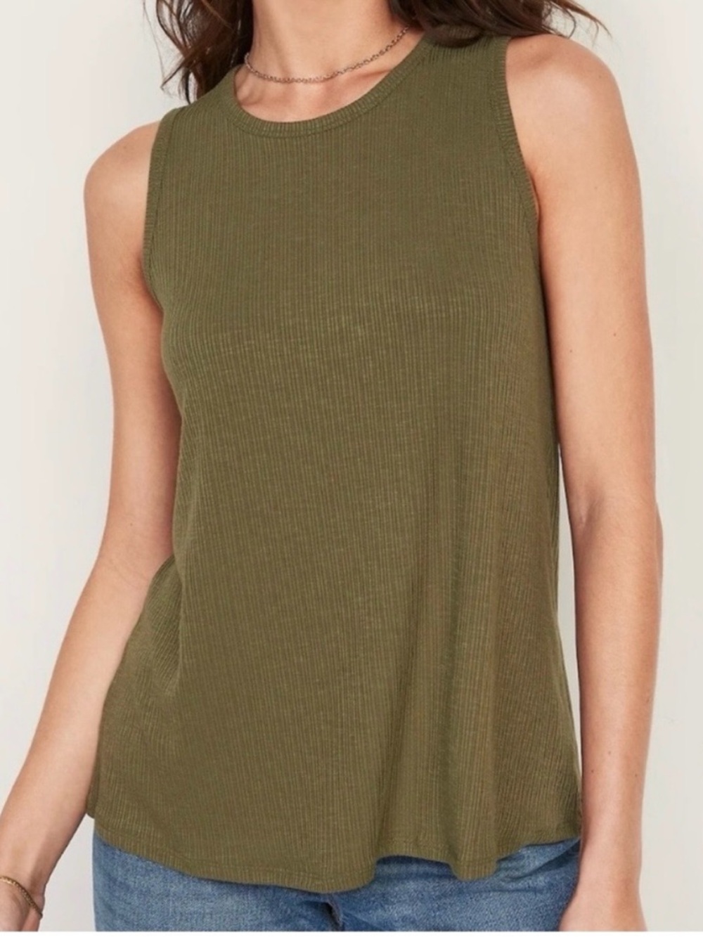 Old Navy Luxe Olive Green Rib-Knit Crewneck Swing Tank Top Size S